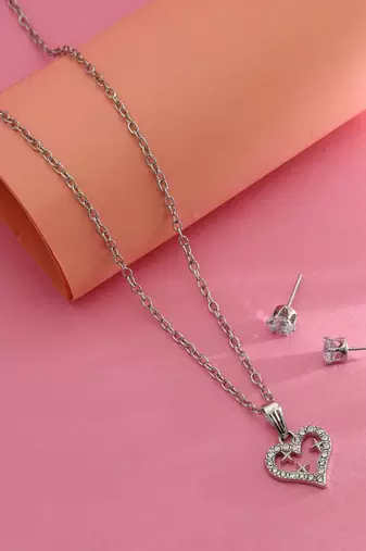 Silver color heart shape anti tarnish necklace set
