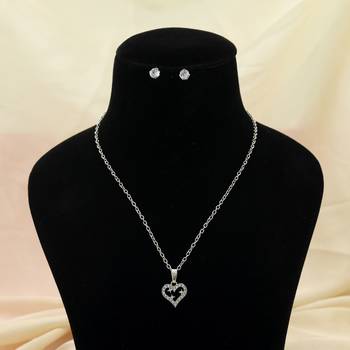 silver rhinestone heart charm necklace set 2