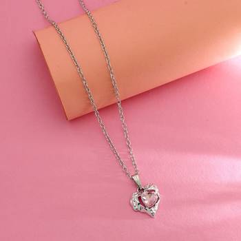 blush pink rhinestone heart silver chain necklace 1