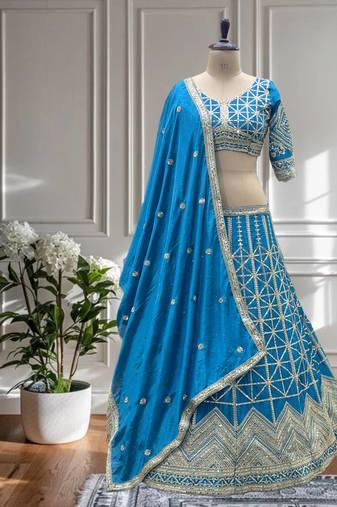 Teal Color Sequins and Codding Embroidery Work Chinon Silk Lahenga Choli Set