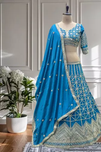 Teal Color Sequins and Codding Embroidery Work Chinon Silk Lahenga Choli Set