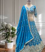 Teal Color Sequins and Codding Embroidery Work Chinon Silk Lahenga Choli Set