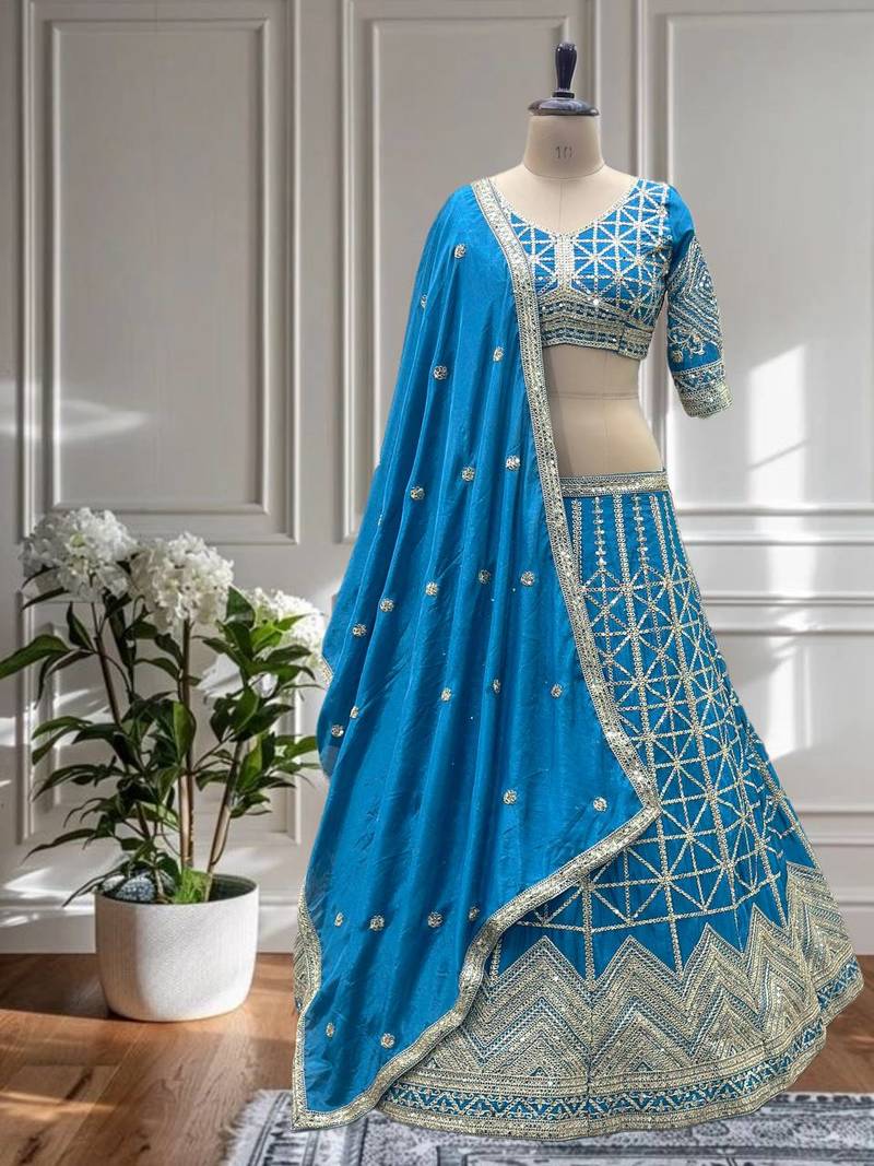 Teal Color Sequins and Codding Embroidery Work Chinon Silk Lahenga Choli Set