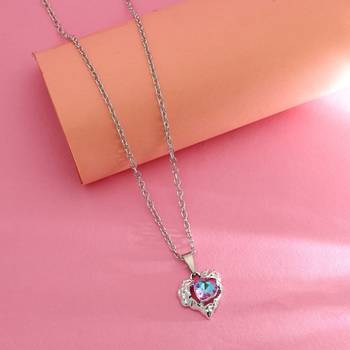 multicolor rhinestone heart silver chain necklace 1