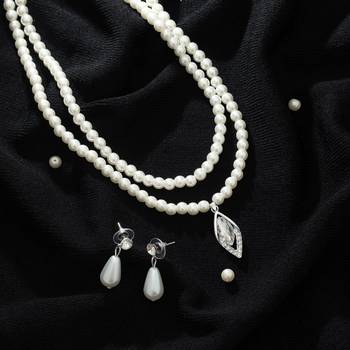 double pearl strand marquise crystal silver necklace set 1