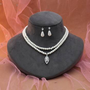 double pearl strand marquise crystal silver necklace set 2