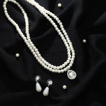 double strand pearl crystal silver pendant necklace set 1