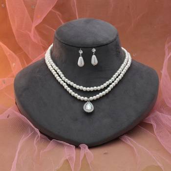 double strand pearl crystal silver pendant necklace set 2