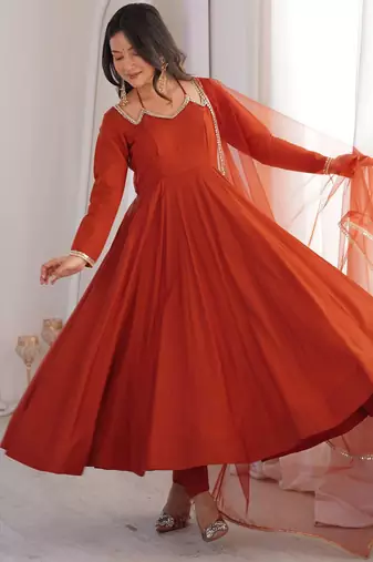 Romansilk chanderi fabric fully flare anarkali,with pant, duppta set