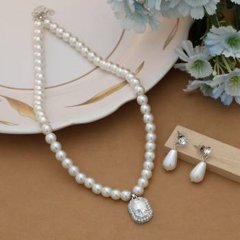 ivory pearl oval crystal silver necklace set 1