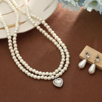 ivory pearl crystal silver pendant necklace set 1