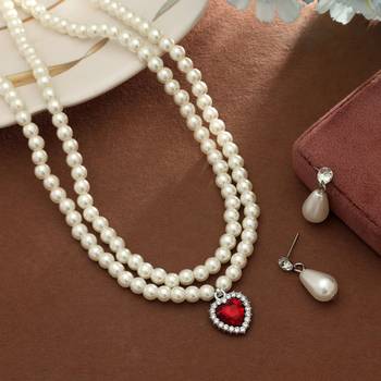 ivory pearl red stone silver necklace set 1