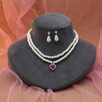 ivory pearl red stone silver necklace set 2