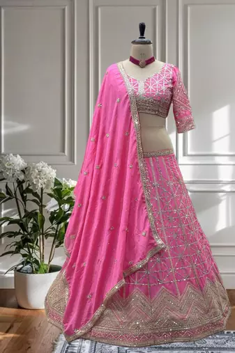 Pink Color Sequins and Codding Embroidery Work Chinon Silk Lahenga Choli Set
