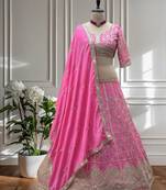Pink Color Sequins and Codding Embroidery Work Chinon Silk Lahenga Choli Set
