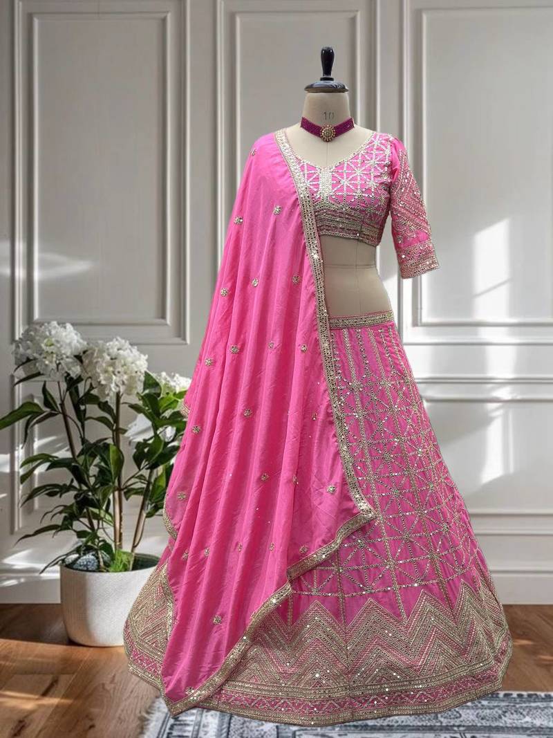 Pink Color Sequins and Codding Embroidery Work Chinon Silk Lahenga Choli Set