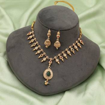 green rani meenakari matte gold jhumki necklace set 2