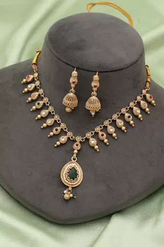 green rani meenakari matte gold jhumki necklace set