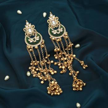 green crescent kundan gold plated tassel earrings 1