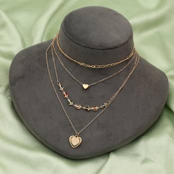 gold layered heart charm multi chain necklace 2
