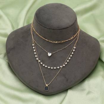 black color multi layer chain necklace with pearl detail 2