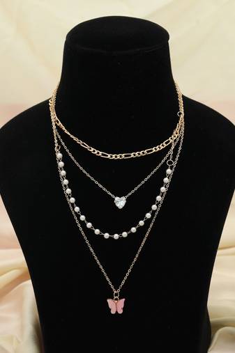 Pink color multi layer chain necklace