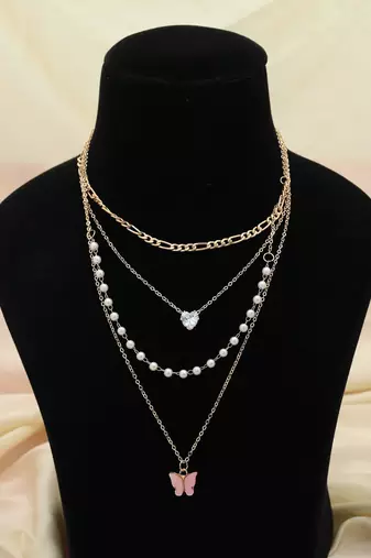 Pink color multi layer chain necklace
