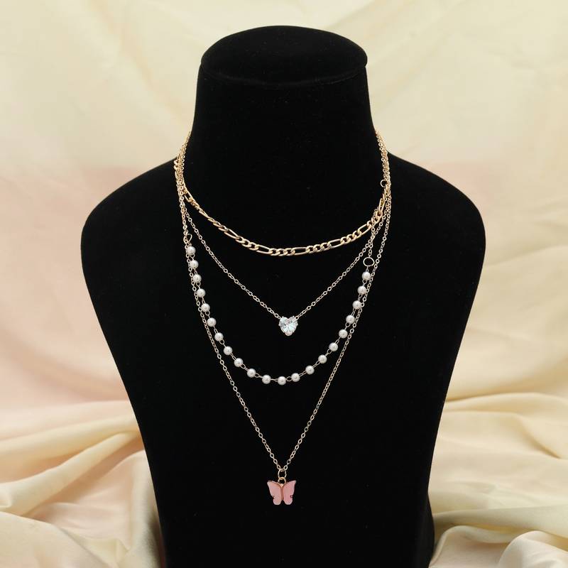 Pink color multi layer chain necklace