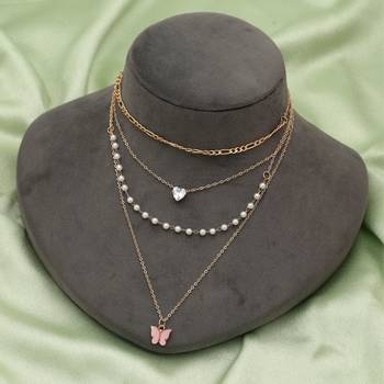 pink color multi layer chain necklace with pearl detail 2