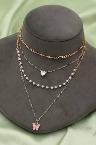 Pink color multi layer chain necklace