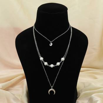 silver color multi layer chain necklace with pearl detail 1
