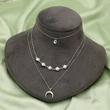 silver color multi layer chain necklace with pearl detail 2