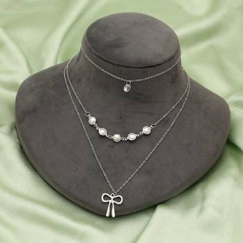 silver finish multi layer necklace with pendant 2