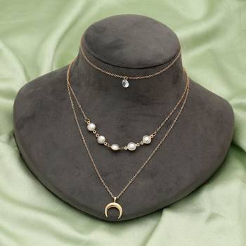 gold color multi layer chain necklace with pearl detail 2