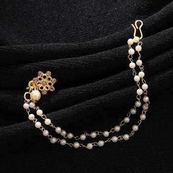 gold color nose nath with pearl chain 2