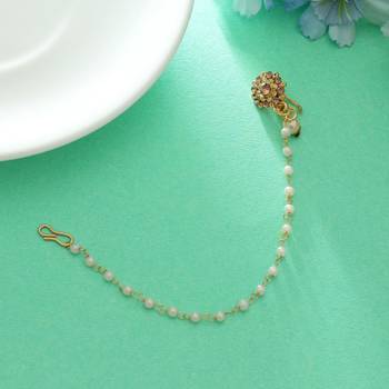 gold tone nose nath with pearl chain and floral accent 2