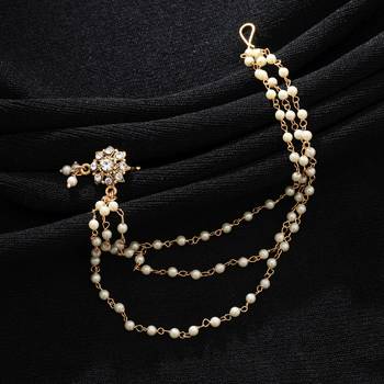 gold color bridal nath with floral motif and chain 2