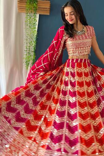 Rani Pink Color  Sequins and Zari Embroidery Work And Stone Work Faux Georgrtte Lahenga Choli Set