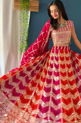 Rani Pink Color  Sequins and Zari Embroidery Work And Stone Work Faux Georgrtte Lahenga Choli Set