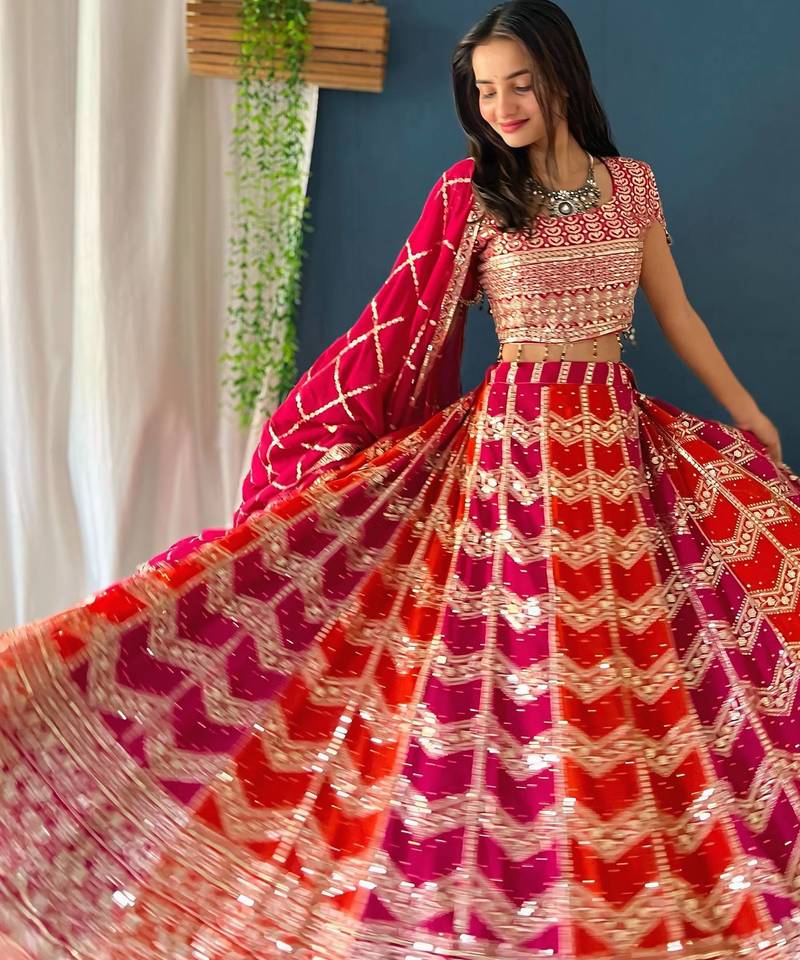 Rani Pink Color  Sequins and Zari Embroidery Work And Stone Work Faux Georgrtte Lahenga Choli Set