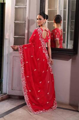 Red embroidered saree 2