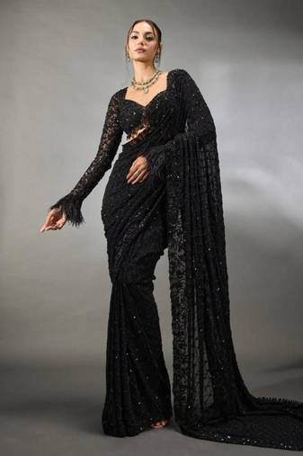 Black georgette embroidered designer saree