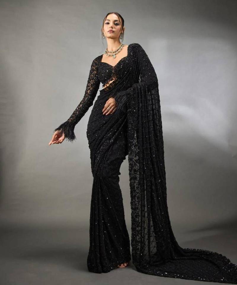 Black georgette embroidered designer saree