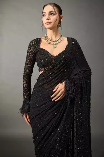 Black georgette embroidered designer saree