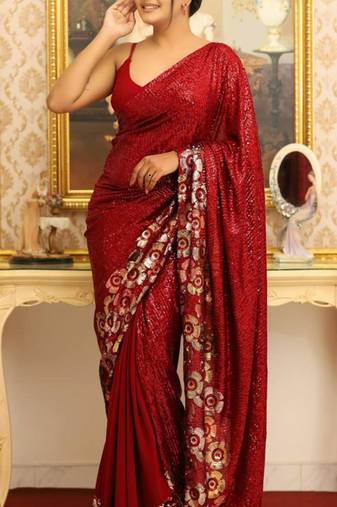 Red sequin saree