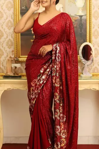 Red sequin saree