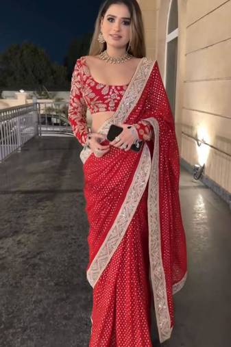 Red Georgette Saree with Gold Sequin