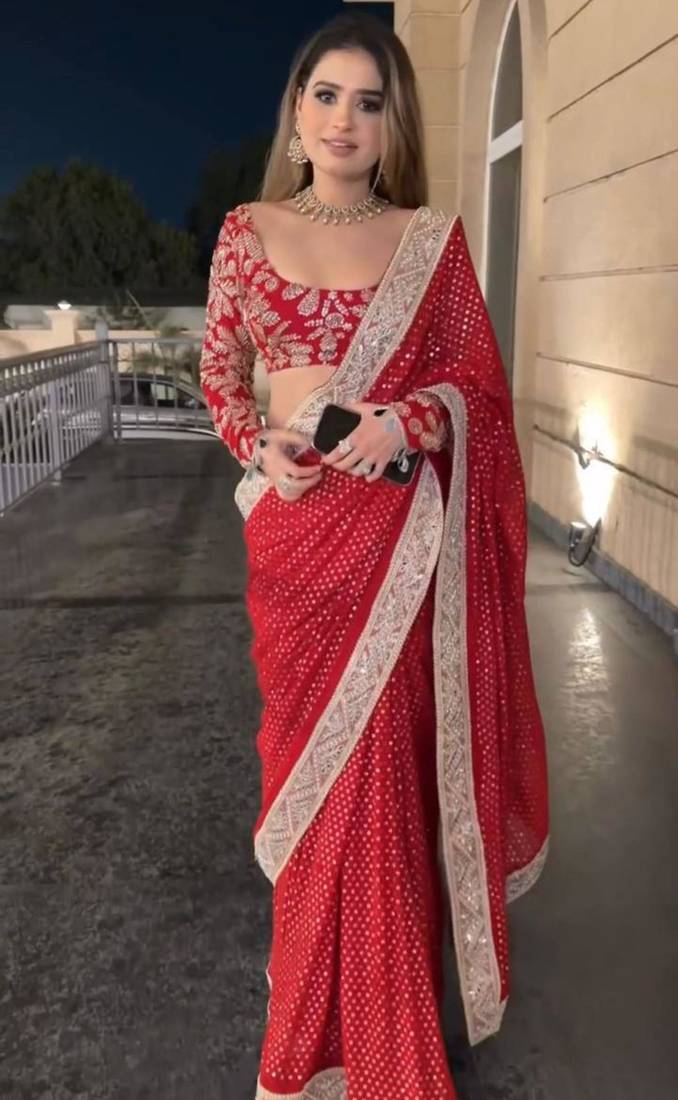 Red Georgette Saree with Gold Sequin