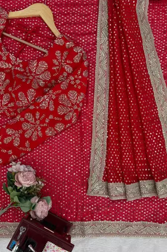 Red Georgette Saree with Gold Sequin
