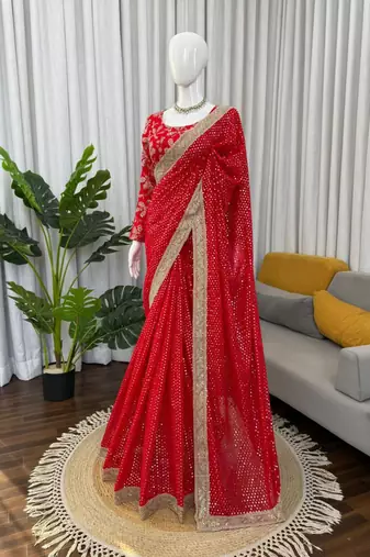 Red Georgette Saree with Gold Sequin